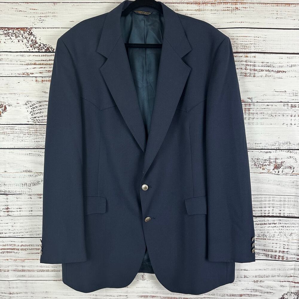 VTG Drysdales Navy Blue Blazer Sport Coat Western Cut USA Made Mens Size 44 LONG